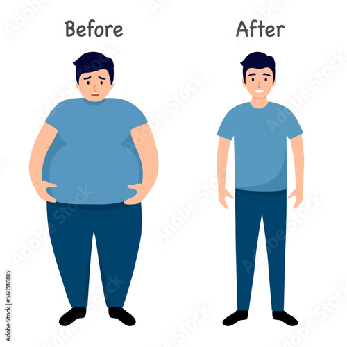 Obraz na płótnie Man body before and after weight loss in flat design on white background