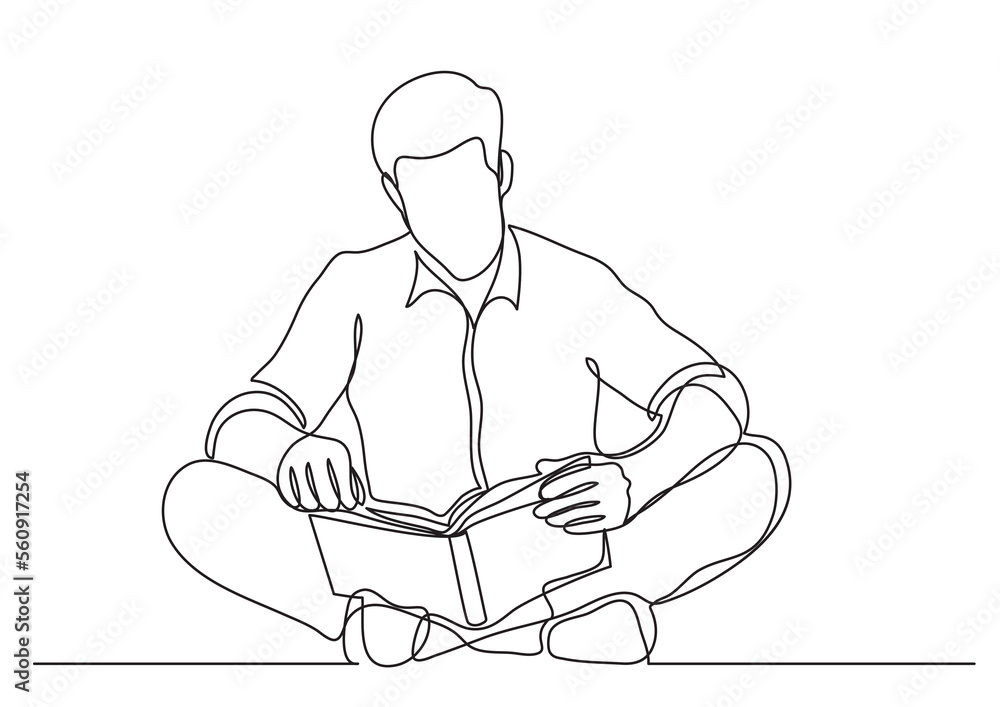 continuous line drawing man sitting on floor  reading book - PNG image with transparent background