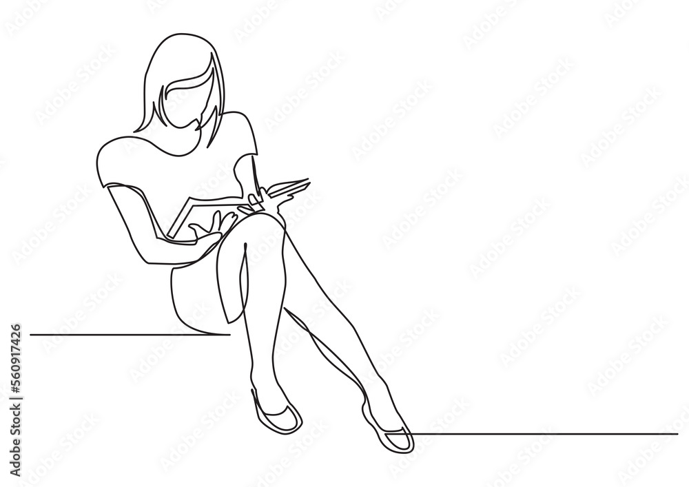 continuous line drawing young woman sitting reading book - PNG image ...