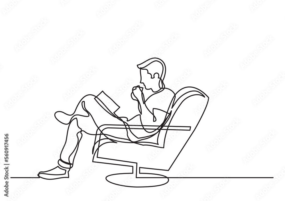 one line drawing man sitting in arm chair reading - PNG image with transparent background
