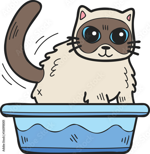 Hand Drawn cat with tray illustration in doodle style