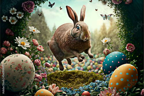 REALISTIC RABBIT WITH DECORATIVE EASTER EGGS