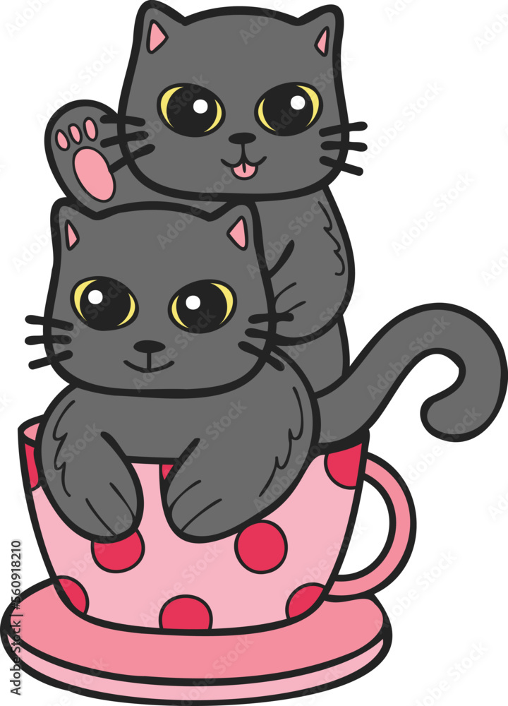 Hand Drawn cat or kitten with coffee mug illustration in doodle style