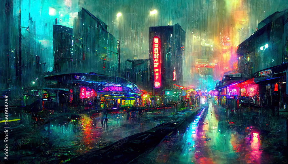 Wet road in rainy street in future cyberpunk city with neon lights