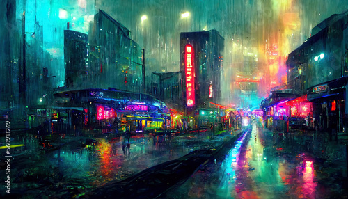 Wet road in rainy street in future cyberpunk city with neon lights