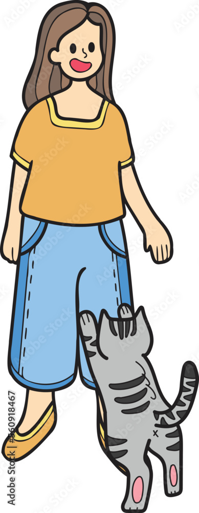 Hand Drawn striped cat begging owner illustration in doodle style Hand Drawn striped cat begging owner illustration in doodle style