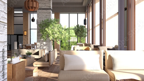 テレビ会議背景用 ZOOM会議背景用 CG ホテル ロビー テラス オフィスビル エントランス for using in video conference and as a zoom background.