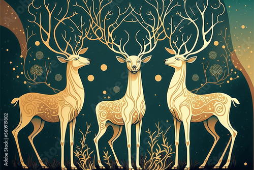 Elegant nature background with reindeers in art nouvea style photo