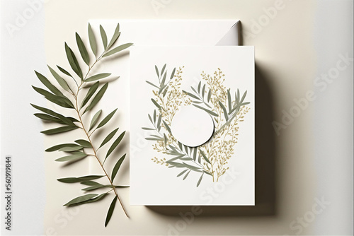 Wedding invitation card mockup with natural olive twigs. Blank card mockup on beige background. © erika8213