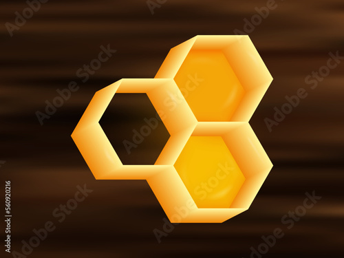 Honeycombs icon 3d. Three hexagonal cells with honey. Yellow geometric shape on a wooden background, close-up. A sticky liquid of honey inside a wax cell. Beekeeping concept. Vector illustration.
