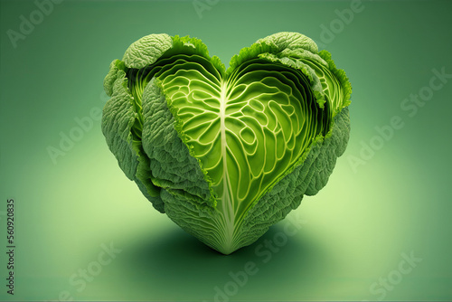 Fotografia Heart shape made with green cabbage leaves vegetable, ai generative