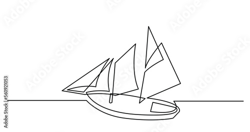 continuous line drawing of beautiful tall ship sailing on sea - PNG image with transparent background