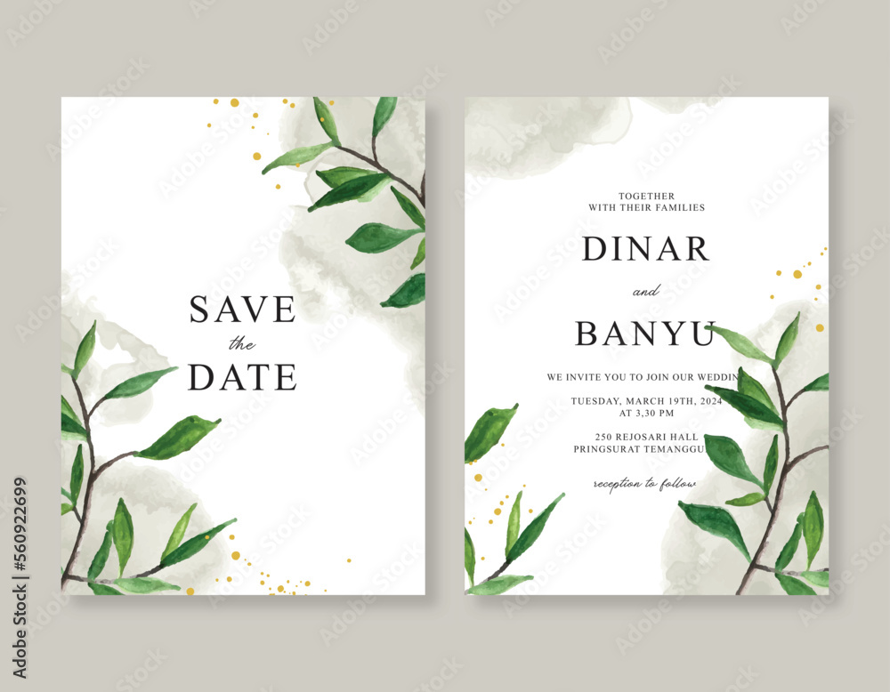 Hand painted watercolor green leaves set for wedding invitation template