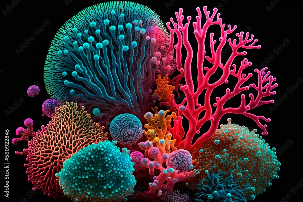 corals of marine aquarium. Flower sea living coral and reef color under deep dark water of sea ocean environment. Generative AI corals of marine aquarium. Flower sea living coral and reef color under deep dark water of sea ocean environment. Generative AI
