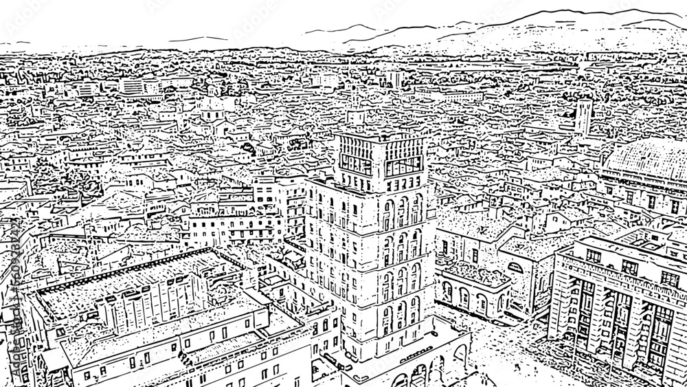 Brescia, Italy. The building on Victory Square. Telegraph. Doodle sketch style. Aerial view
