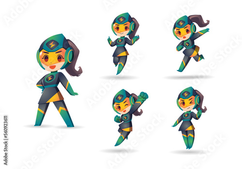 Green Black little Super Hero Girl with helmet Mascot Character Set