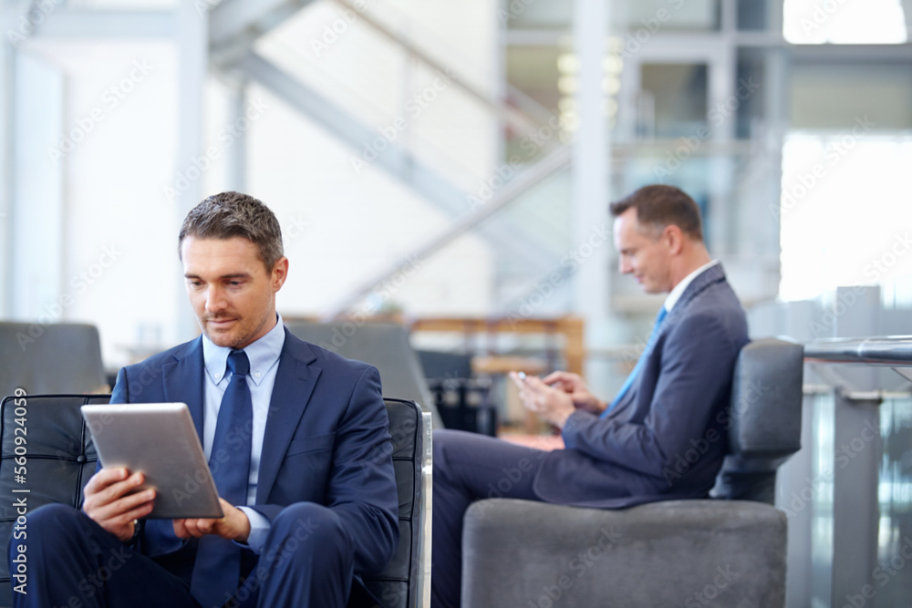 Relax, tablet and networking with businessman in lounge of corporate company for search, internet and contact. Communication, planning and idea with men in lobby for technology, goal and email Relax, tablet and networking with businessman in lounge of corporate company for search, internet and contact. Communication, planning and idea with men in lobby for technology, goal and email
