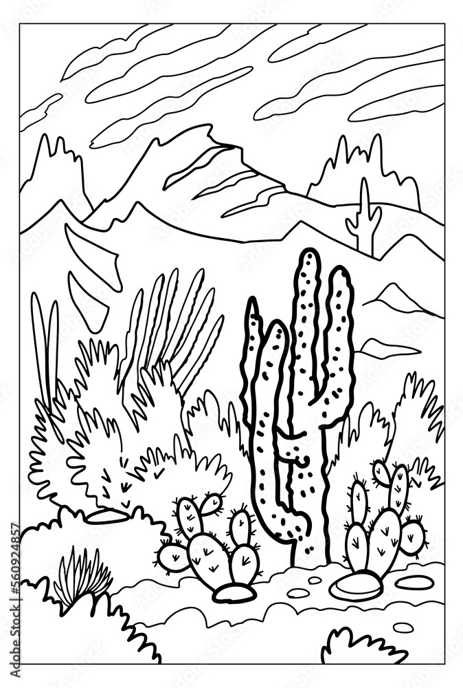 Blooming cactus in the desert. Arizona landscape. Coloring book antistress for children and adults.
