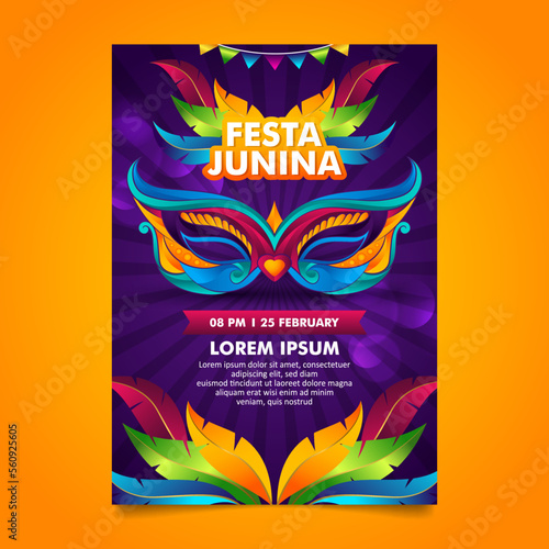 Flat brazilian carnival flyer template with stylish colorful mask and feathers