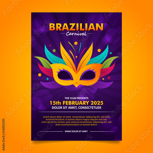 Dark Purple Brazilian Carnival Poster with colorful Mask and decorative elements