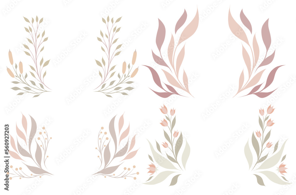 Vector set of wreaths of delicate twigs and stems with foliages. Collection of natural frames in pastel colors