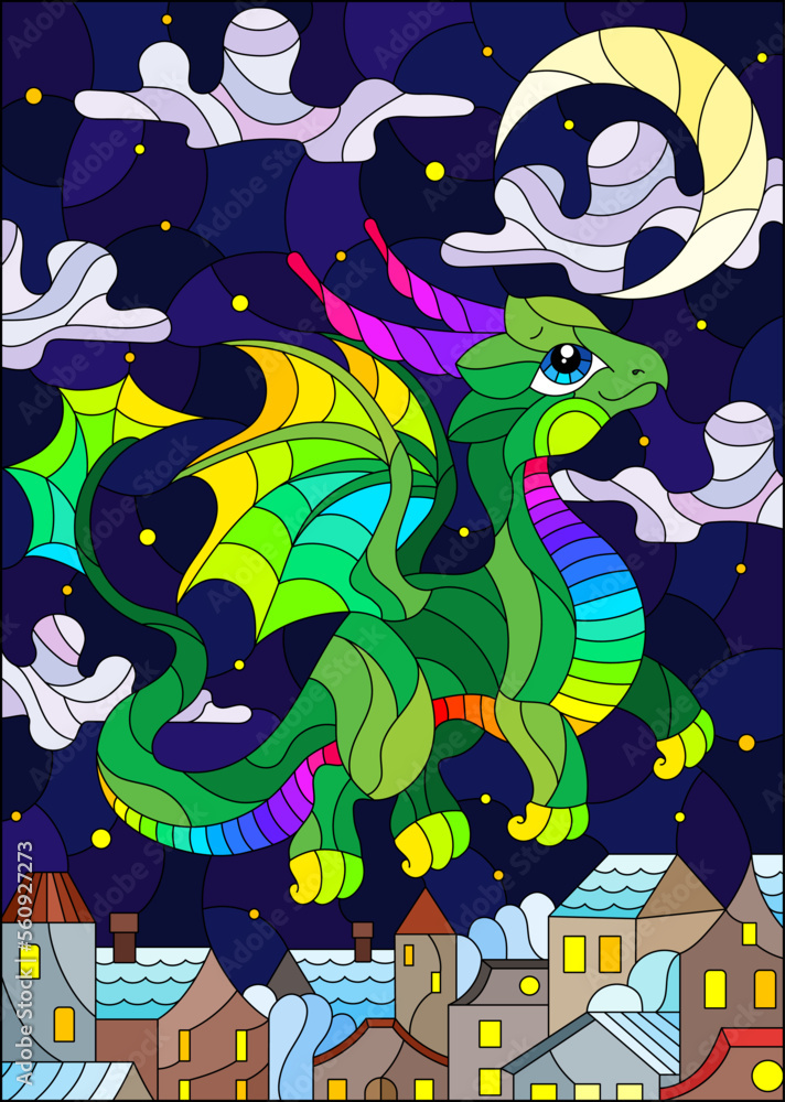 An illustration in the style of a stained glass window with a bright cute dragon on the background of the sky and the city An illustration in the style of a stained glass window with a bright cute dragon on the background of the sky and the city