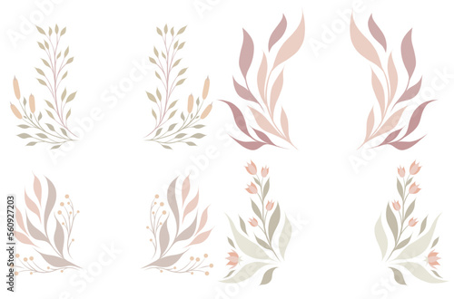 Vector set of wreaths of delicate twigs and stems with foliages. Collection of natural frames in pastel colors
