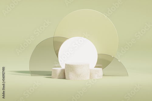 Minimal scene with podium and abstract background. Pastel green and white colors scene. Neutral-colored 3D render 3D illustrations are graphic design trend for 2023. Geometric shapes interior.