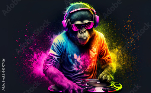 Tablou canvas chimpanzee dj with headphones, generative ai