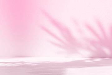 Blurred background. Abstract pink studio background for product presentation. Empty room with shadows of window and flowers and palm leaves . 3d room with copy space. Summer concert.