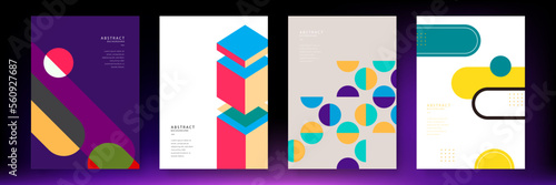 Modern simple geometric covers set. Minimalist vector templates. Memphis pattern. Geometric shape. Design elements for poster, magazine, book cover, brochure. Retro futuristic art design. Flat color
