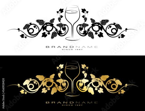 Grapevine scroll with Crystal wine glass, header with brand name of drink. Decorative black and golden element for label design with grapes silhouette. Vector isolated on white background