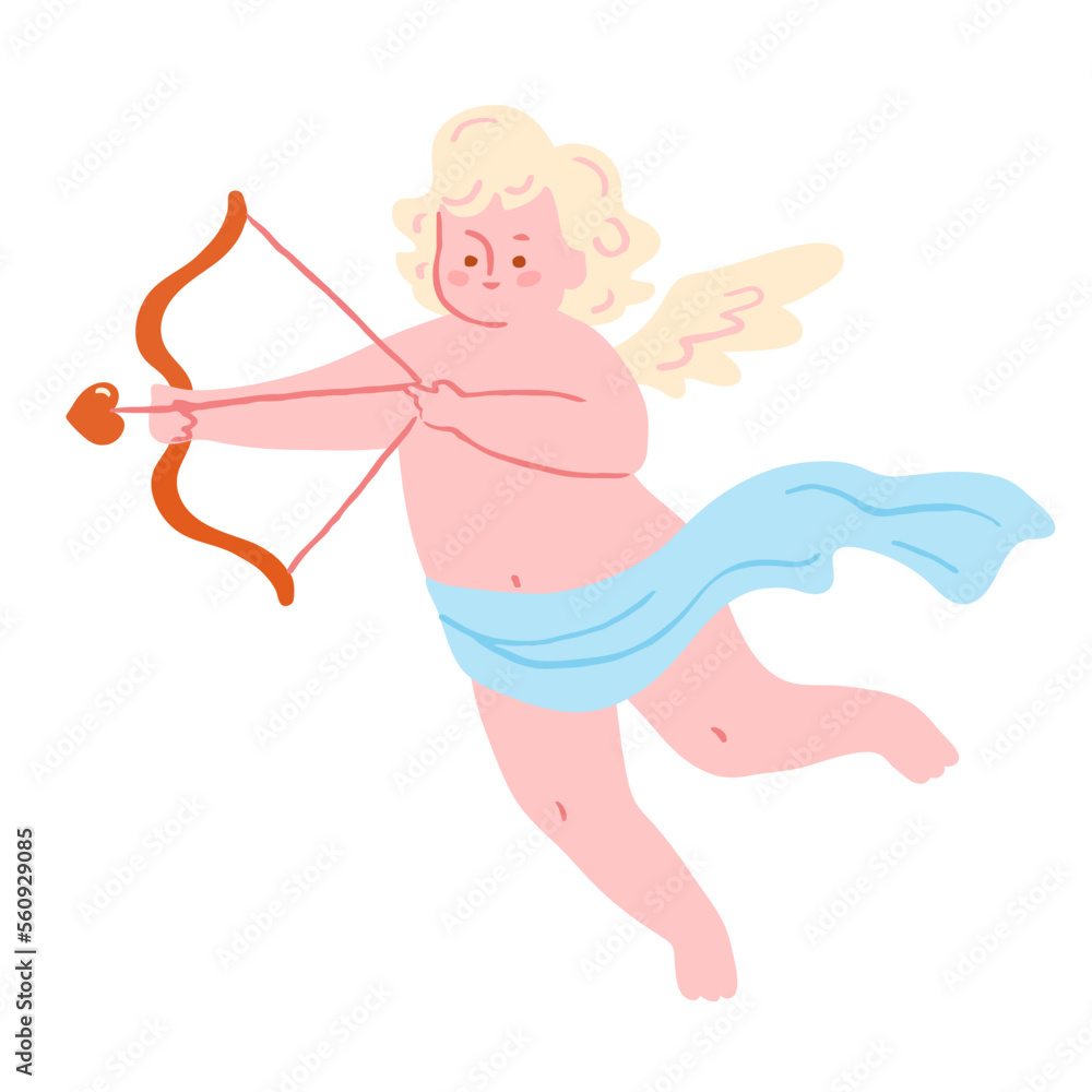 Cute cupid shooting with a bow and arrow. Naughty flying angel or cherub in trendy vintage style. Isolated on white background. Cute cupid shooting with a bow and arrow. Naughty flying angel or cherub in trendy vintage style. Isolated on white background.