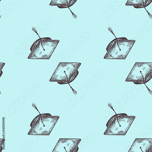 Graduate hat engraved seamless pattern. Vintage element education in hand drawn style. Sketch texture for fabric, wallpaper, textile, print, title, wrapping paper. Vector illustration.