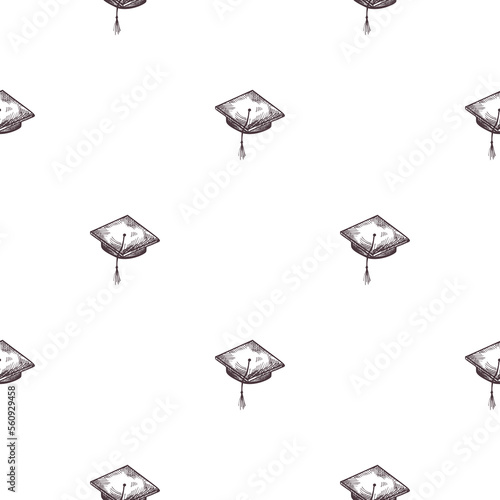 Graduate hat engraved seamless pattern. Vintage element education in hand drawn style. Sketch texture for fabric, wallpaper, textile, print, title, wrapping paper. Vector illustration.