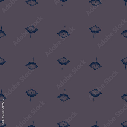 Graduate hat engraved seamless pattern. Vintage element education in hand drawn style. Sketch texture for fabric, wallpaper, textile, print, title, wrapping paper. Vector illustration.