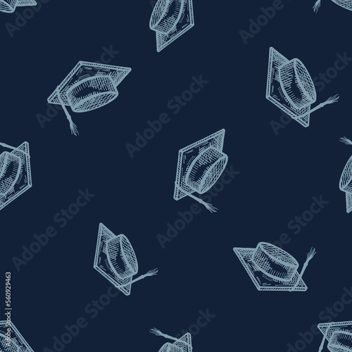 Graduate hat engraved seamless pattern. Vintage element education in hand drawn style. Sketch texture for fabric, wallpaper, textile, print, title, wrapping paper. Vector illustration.