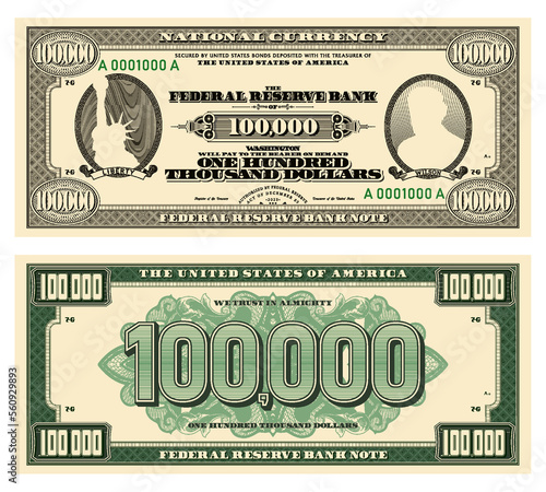 Vector new 100000 dollars banknote. Obverse and reverse of US paper money in retro style with ovals. Ribbons with inscriptions, Liberty and Wilson.