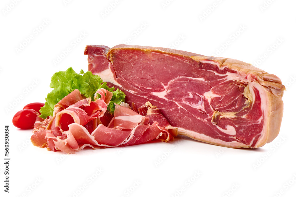 Italian prosciutto, jerked meat slices, isolated on white background.