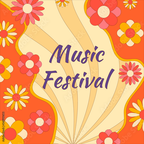 Icon, sticker in hippie style with waves, flowers and text Music Festival on orange colors. Retro style