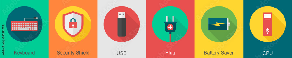 A set of 6 computer and Hardware icons as keyboard, security shield, usb A set of 6 computer and Hardware icons as keyboard, security shield, usb
