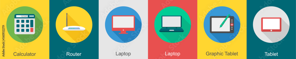 A set of 6 computer and Hardware icons as calculator, router, laptop A set of 6 computer and Hardware icons as calculator, router, laptop