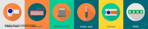 A set of 6 computer and Hardware icons as handy cam, keyboard, memory card