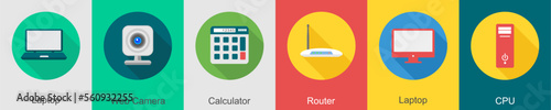 A set of 6 computer and Hardware icons as laptop, web camera, calculator