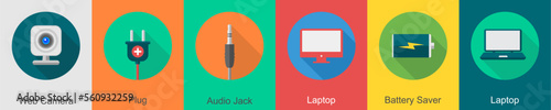 A set of 6 computer and Hardware icons as web camera, plug, audio jack