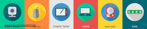 A set of 6 computer and Hardware icons as web camera, mouse, graphic tablet