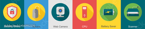 A set of 6 computer and Hardware icons as security shield, mouse, web camera