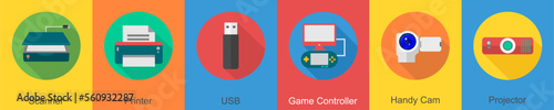 A set of 6 computer and Hardware icons as scanner, printer, usb
