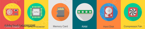 A set of 6 computer and Hardware icons as power supply, cpu processor, memory card