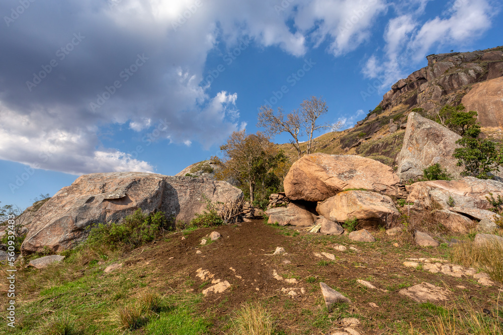 Andringitra national park, Haute Matsiatra region, Madagascar, beautiful mountain landscape with trail to Chameleon peak and massifs. Hiking in Andringitra mountains. Madagascar wilderness landscape.